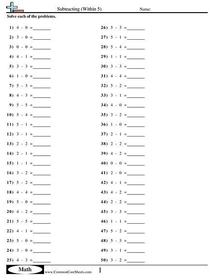 Math Drills Worksheets - Subtracting (Within 5)  worksheet